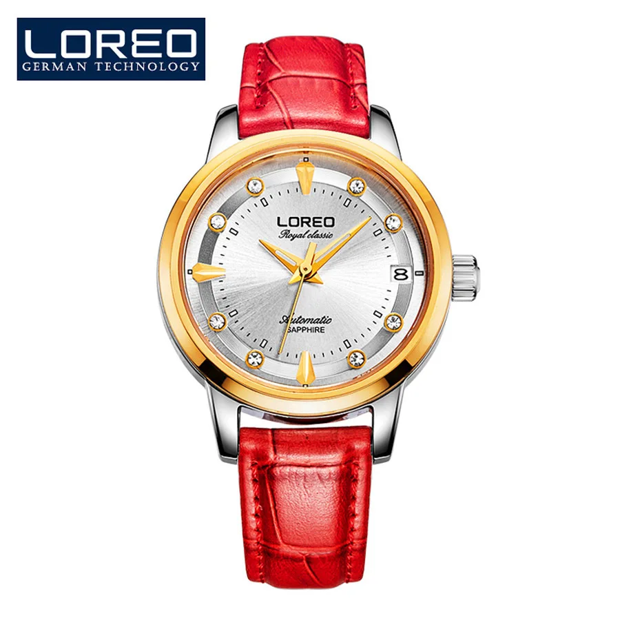 Genuine Leather red LOREO женские часы с бриллиантовым дисплеем, простые женские часы, Топ бренд, Роскошные сапфировые автоматические механические часы из нержавеющей стали - Цвет: Genuine Leather red
