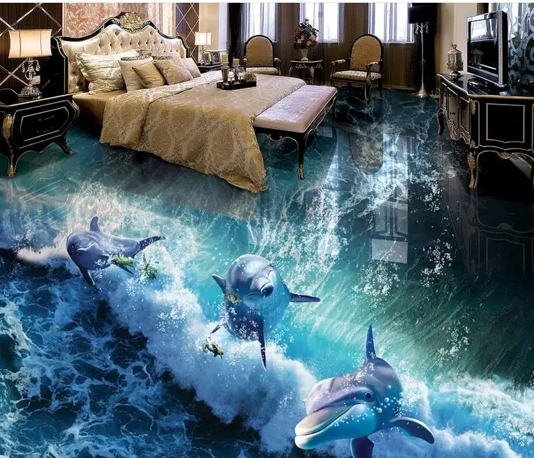 

Home Decor 3D Flooring Mural Wallpaper 3D Floor Dolphin wave Wallpaper For Bedroom Walls Custom Flooring Wall Murals