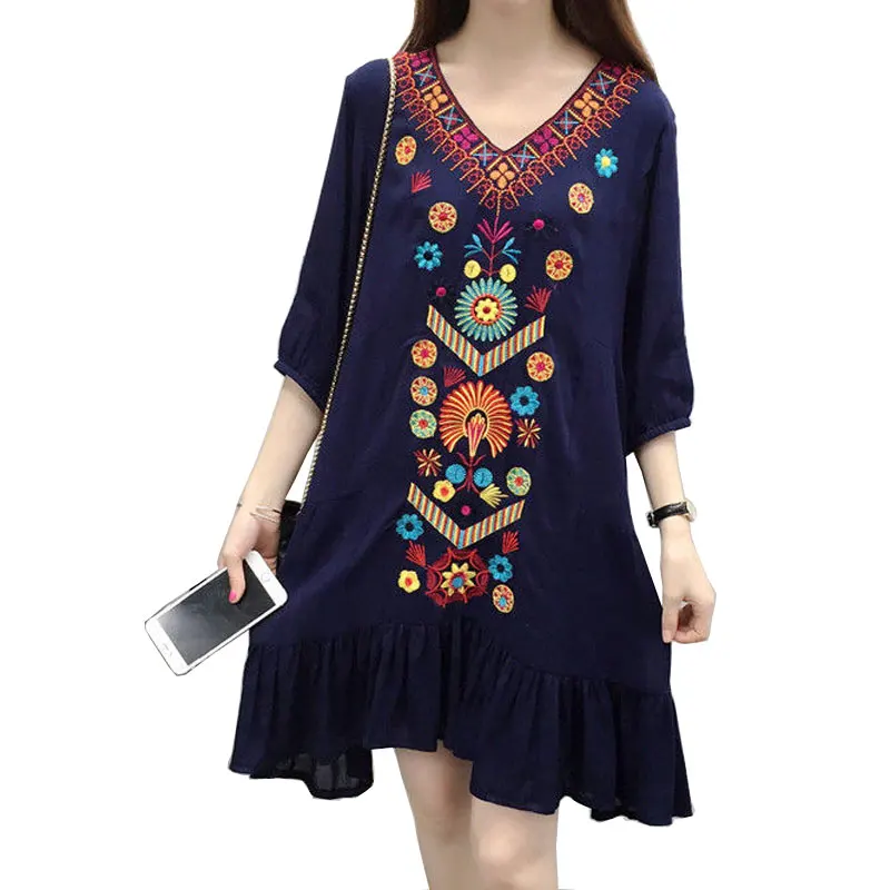 Большие размеры богемные платья с вышивкой 2017 шикарное хлопковое белье v
