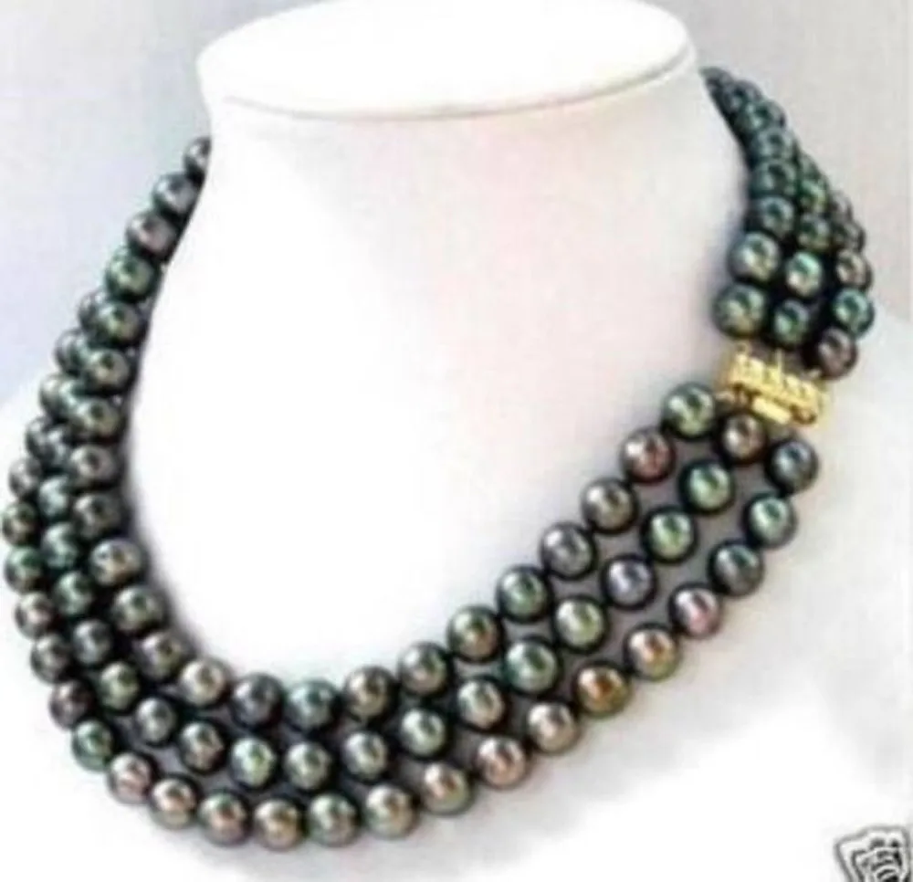 

Fashion jewelry 3 row 7-8MM Black akoya Pearl Necklace 17-19" Noble style Natural Fine jewe FREE SHIPPING