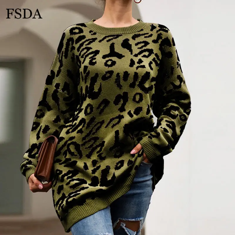 FSDA O Neck Long Sleeve Leopard Sweater Knitted Winter Spring Oversized Casual Green Pink Office Women Pullovers | Женская одежда