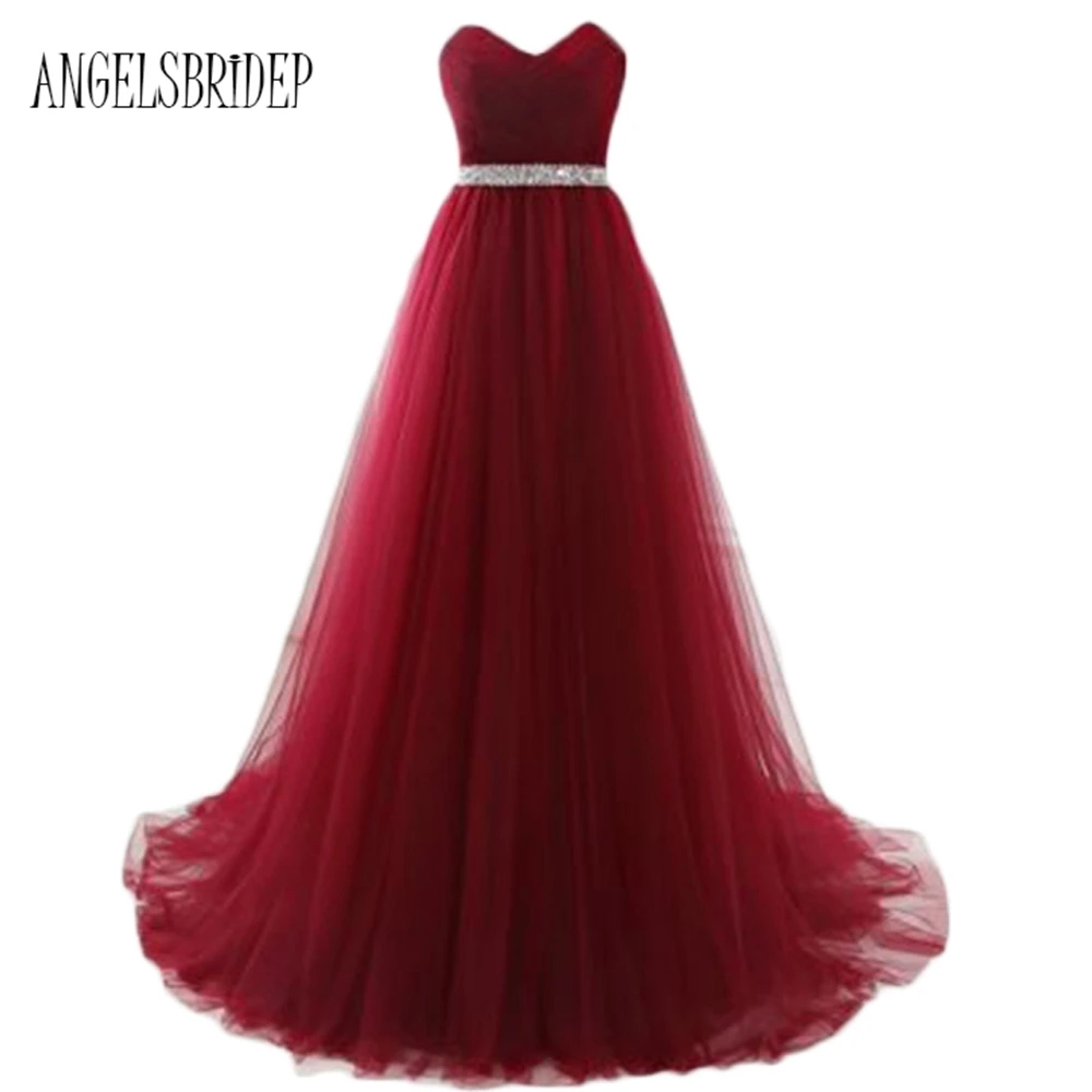 Женское платье в пол ANGELSBRIDEP бордовое ярко синее из тюля с v образным вырезом