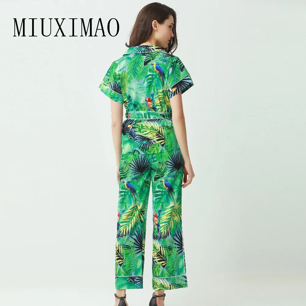 

2018 High Quality Spring & Summer Newest Turn-down Collar Short Sleeve Sashes Tops + Full Length Pants Print Suit Women