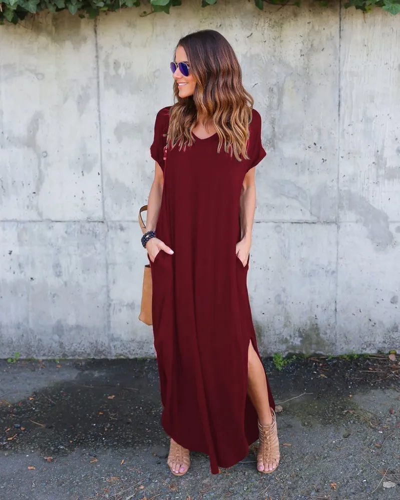 

2019 Women's Casual Loose Pocket Long Dress Women Short Sleeve Dresses Women T Shirt Dress Solid Color Vintage V-neck vestido