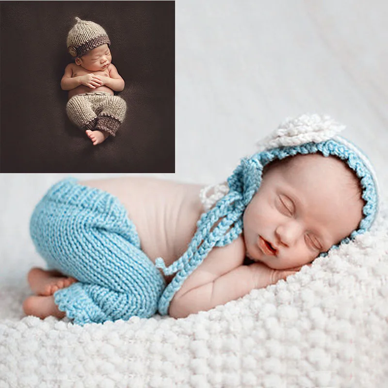 Handmade Knitting Soft Hat Pants Khaki Baby Clothing for 0-4 Months Boy Girl  Set Blue Costumes Suits Newborn Photography Props