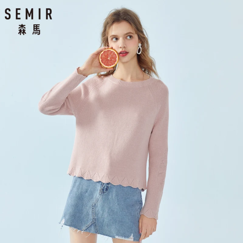 SEMIR Women Rib Knit Sweater with Ruffle Trim Women's Pullover Ruffle-Trimed Sleeve Ribbing at Crewneck for Spring | Женская одежда