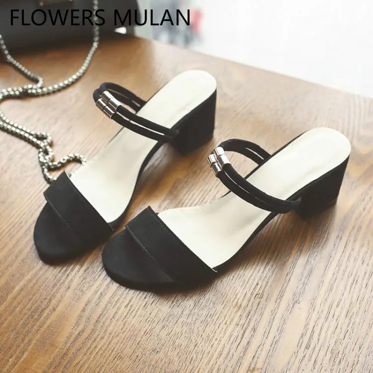 Black Grey Beige Suede Women Sandals Peep Toe Chunky Heels Zapatos De Mujer Two Narrow Band Buckle Girl Mules Slip On Slides | Обувь