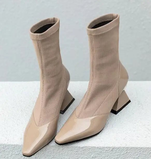 

Hot Fashion Sexy Mixed Colors Stretch Fabric Shoe Pointed Toe Mid- Calf Ladies Shoes Strange Style 7cm High Heels Women Boots