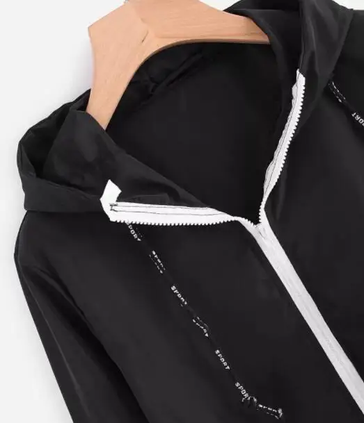 

Autumn Women Contrast Ribbons Trim Zip Up Hooded Jacket Striped Patched Sleeve Girl Coat Outwear Windbreaker Jacket