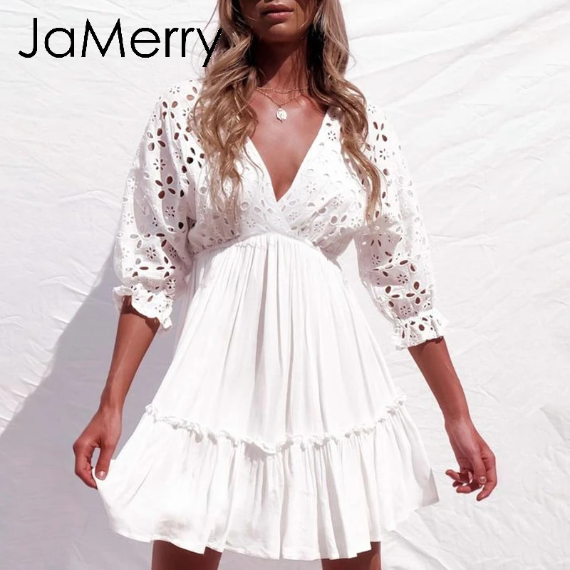 JaMerry винтажное Белое Женское мини платье с вышивкой летние выходные Пляж