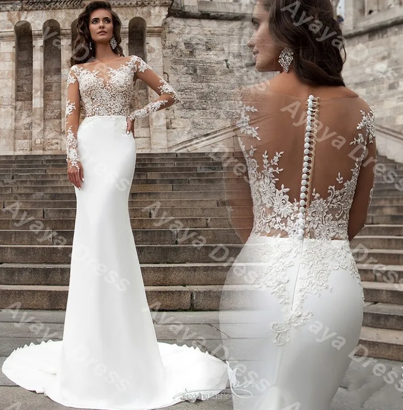 Wejanedress Robe De Mariage Новый длинным рукавом Русалка свадебное платье 2017 Sexy шеи Иллюзия