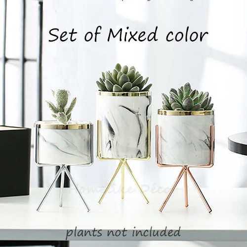 Mixed color(random) Набор из 3 шт. мраморные белые керамические цветочные горшки с железной подставкой настольные кашпо украшение дома сада с золотыми деталями - Цвет: Mixed color(random)