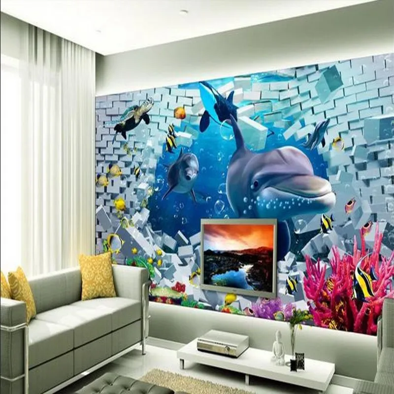 

beibehang Custom wallpaper 3d stereoscopic bottom beach word dolphin TV backdrop living room bedroom murals papel de parede