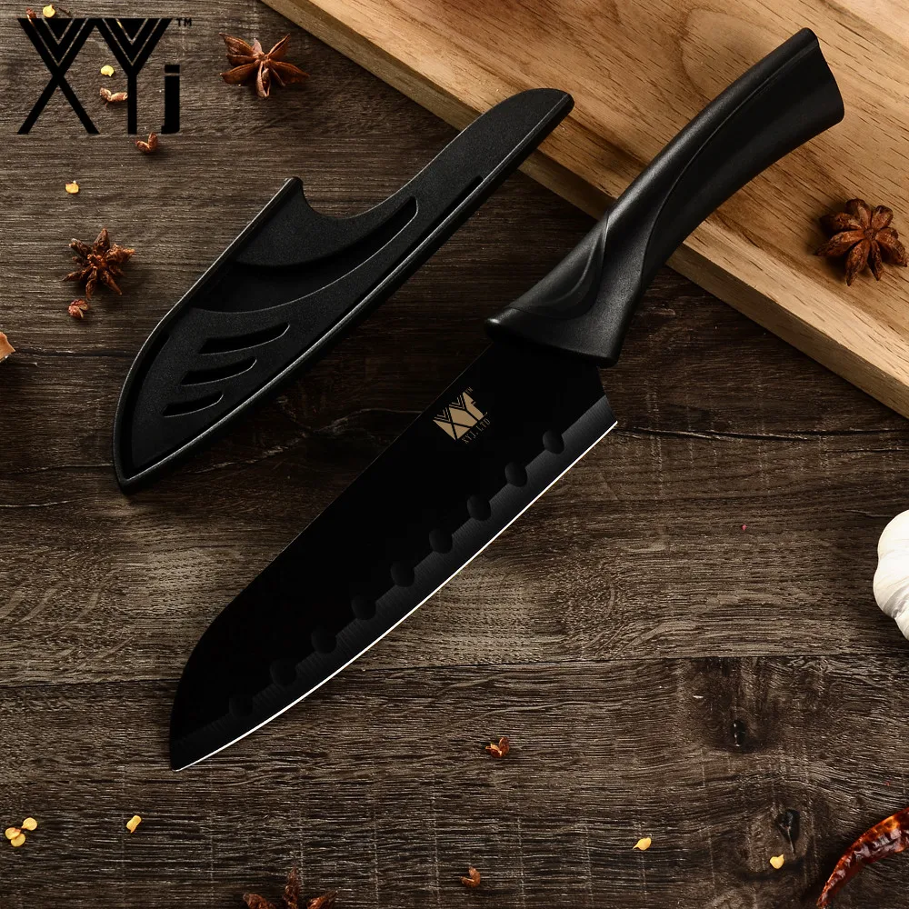XYj Santoku кухонный нож из нержавеющей стали шеф повара лезвие черный ABS + TPR ручка