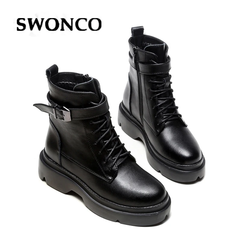 

Женские ботинки на платформе SWONCO, со шнуровкой, черные, зимние ботинки в стиле панк, 2019