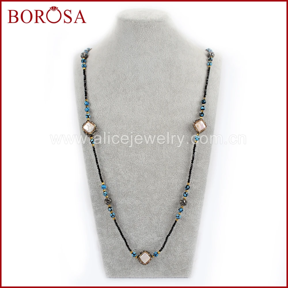 BOROSA 3 шт. модные 36 дюймов длинные черные бусины ожерелье кристалл паве