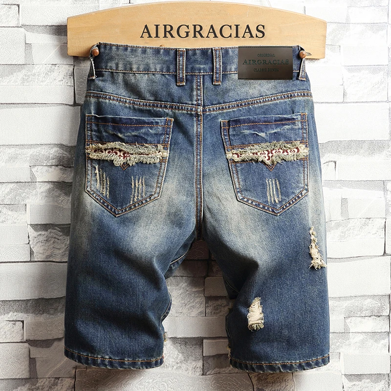 AIRGRACIAS Mens Ripped Short Jeans Brand Clothing Bermuda Cotton Shorts Breathable Denim Male New Fashion Size 28-40 | Мужская одежда