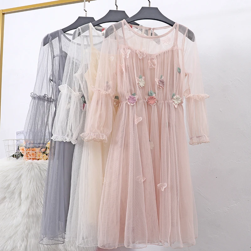 

Women Lantern Sleeve Tulle O-neck Flower Butterfly Dress Casual Pullover Mesh Gauze Elastic Slim High Waist Voile Ruffles Dress