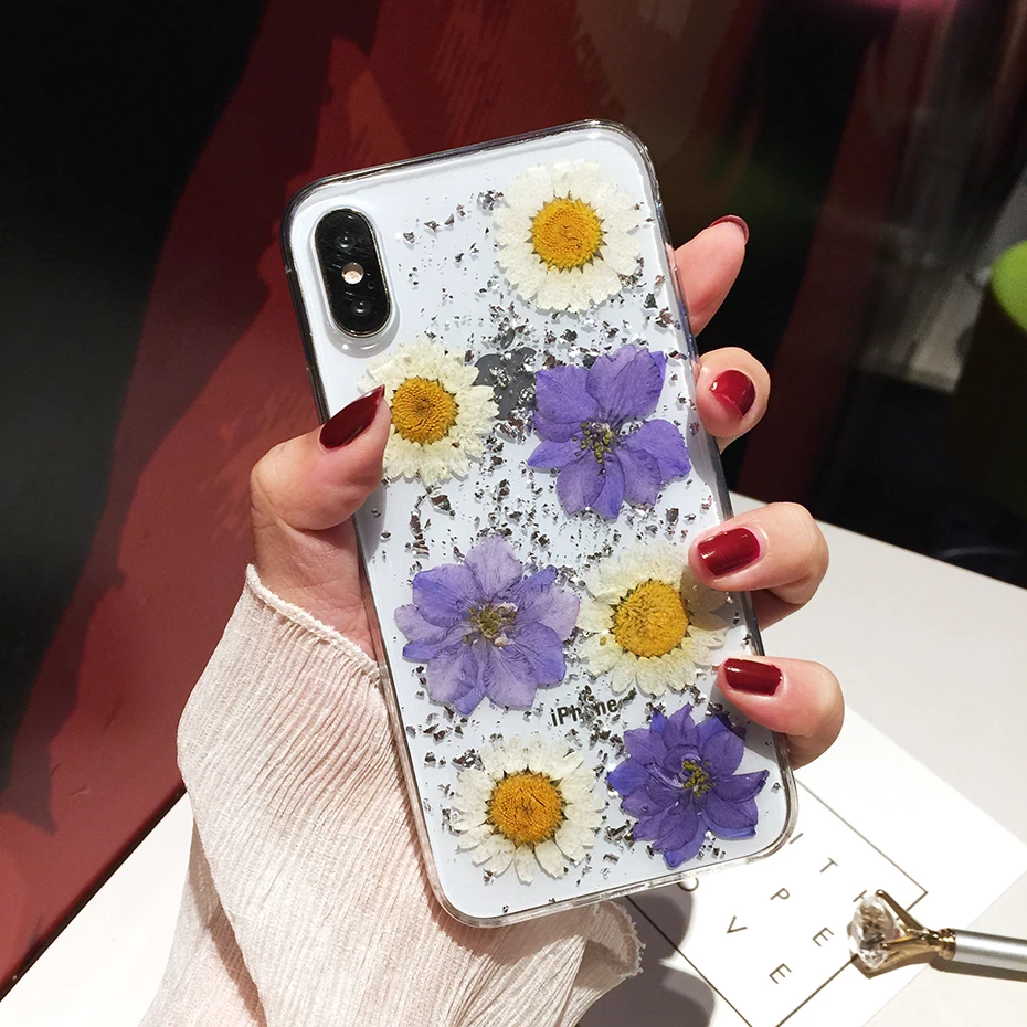 Qianliyao Роскошные настоящие сухие цветы чехол для телефона iPhone 6 6S 7 8 Plus X Чехлы