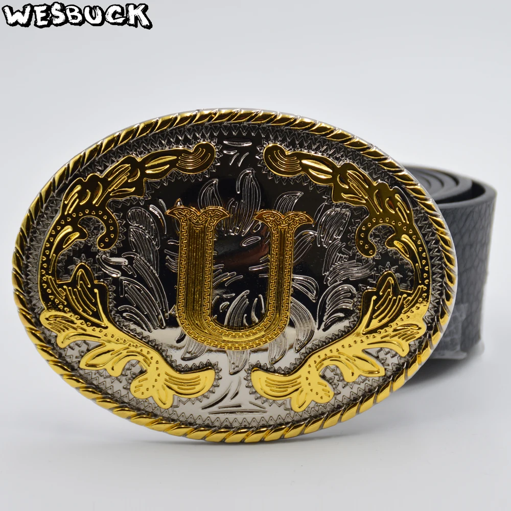 

WesBuck Brand Western Belt Buckle New High Quality Oval 3D Lace Gold U Initial Letter Cowboy Belt Buckle
