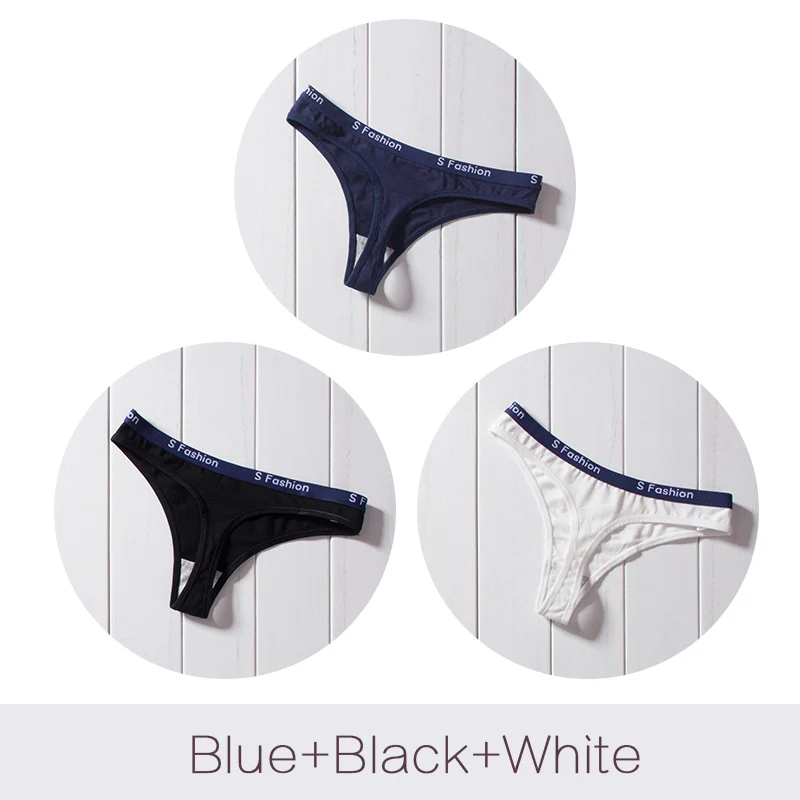 BlueBlackWhite Sexy G-String Cotton Women Briefs Panties T Back Underwear Seamless Thong Bikini Low Rise Waist Transparent Lady 3pcs Lot Pantie - Color: BlueBlackWhite