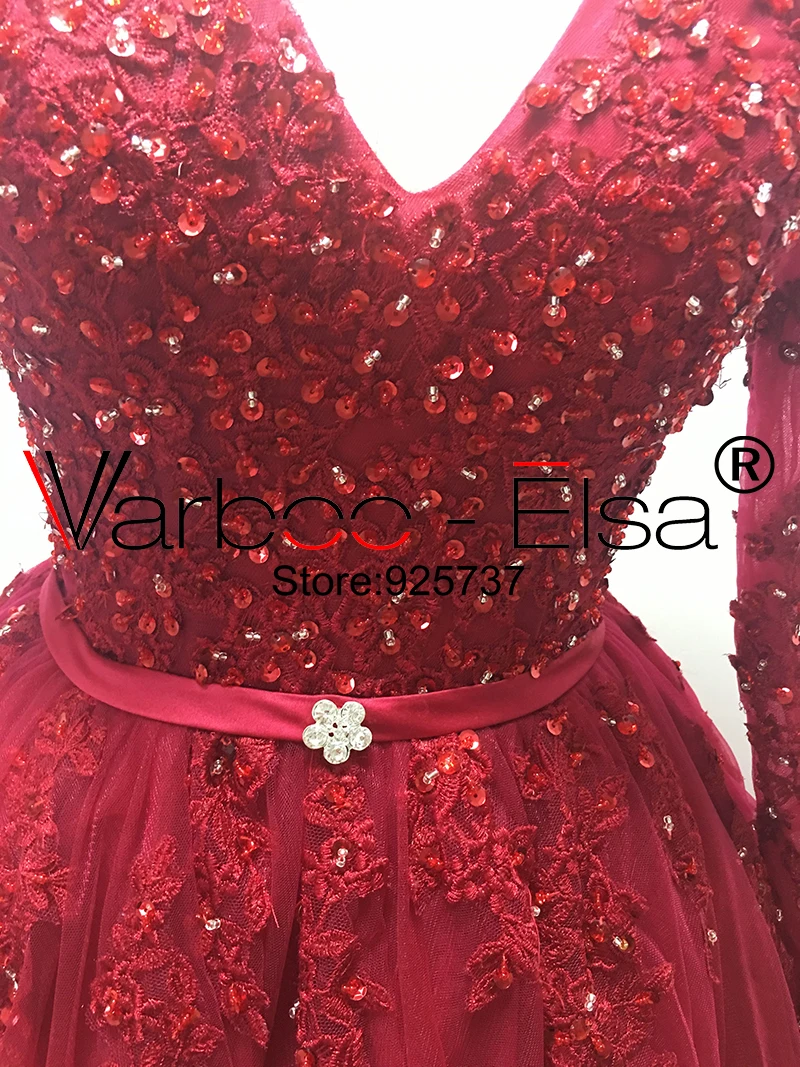 VARBOO_ELSA vestido de noiva Бисер V образным вырезом торжественные платья с красным кружевом с длинным шлейфом мяч халат с рукавами до локтя, свадебные платья в Китае