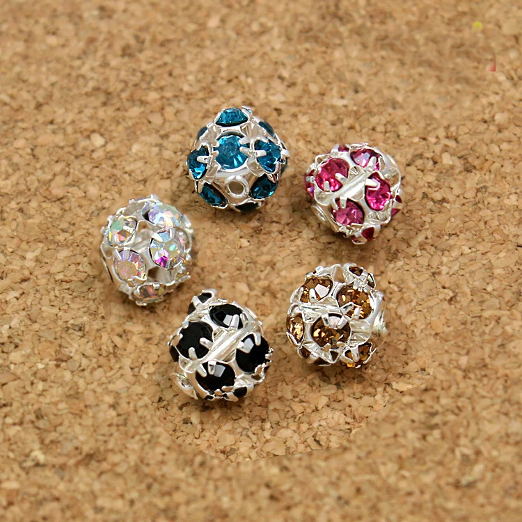 

300pcs/lot 8mm Round White Metal Base Silver Plated Rhinestone Loose Spacer Ball Beads