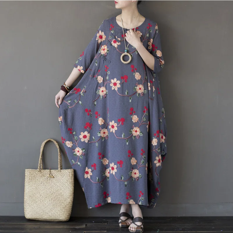 Женское винтажное платье с вышивкой SCUWLINEN повседневное Хлопковое макси