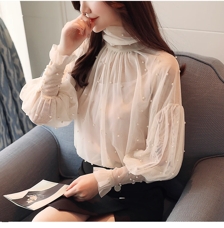 Блузка 2019 Blusas Blouse Hot Sale Vadim Plus Size New Womens Shirt Long-sleeved Super Fairy Beaded High Collar Lantern Sleeve Women on.