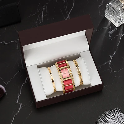Red gold 4 шт. Брендовые женские простые кварцевые часы с золотой цепочкой модный браслет из нержавеющей стали комплект из 2 предметов высокое качество большая подарочная коробка для часов - Цвет: Red gold
