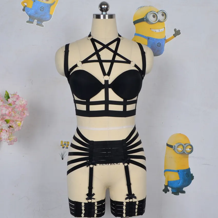 

women black Harness cage bra Gothic Harajuku sexy lingerie Cage Back complex Garters belt Pentagram body harness bra Leg garters