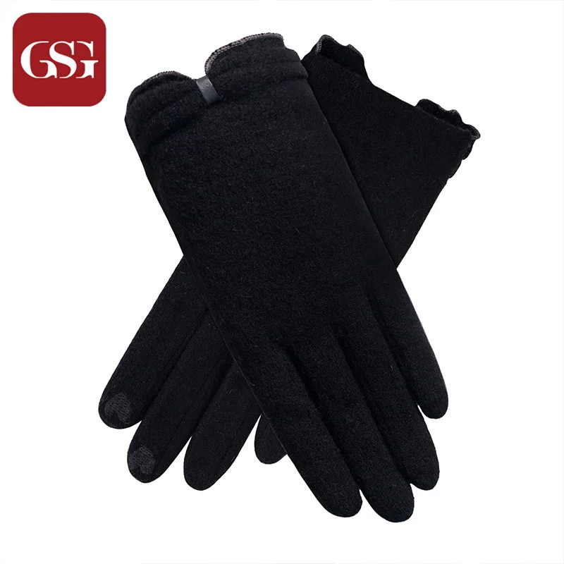

GSG Women Wool Knitted Warm Touch Screen Gloves Black Gray Fashion Pleat Bow Soft Thermal Cotton Winter Gloves Thermal Driving