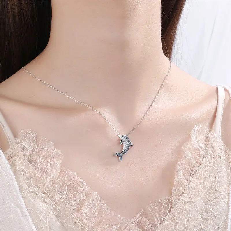 

Fashion s925 sterling silver blue dolphin crystal pendant high quality ladies clavicle chain necklace jewelry gift 6-XL1009