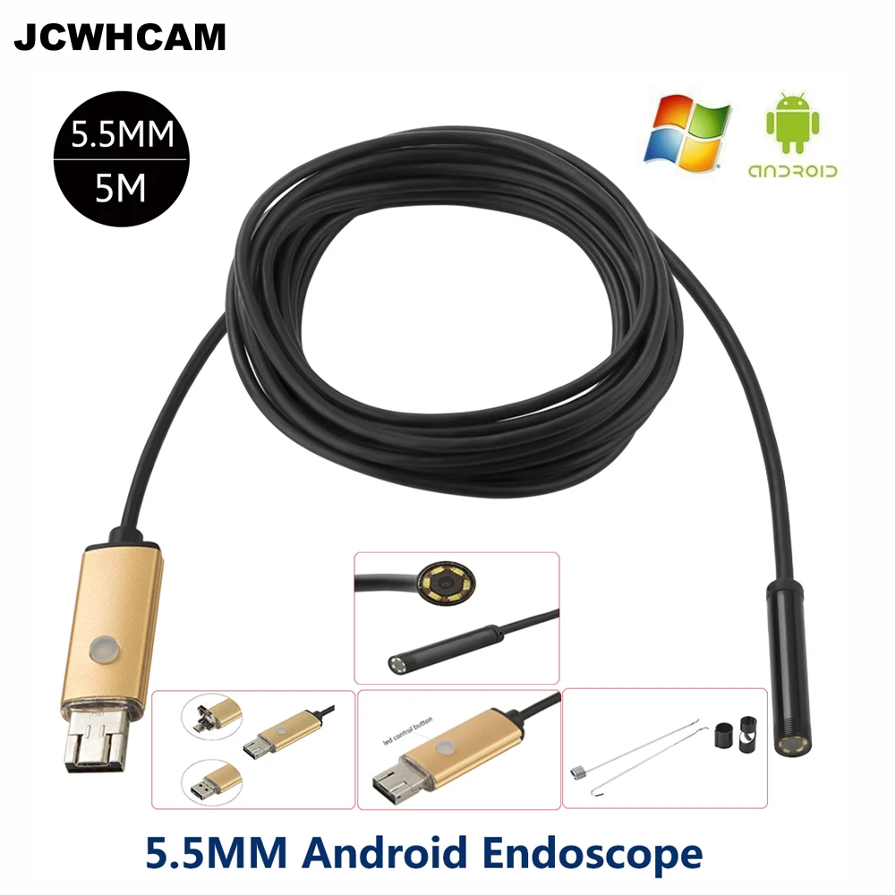 JCWHCAM 5 мм м USB Android эндоскоп бороскоп Инспекционная камера HD 6 светодиодов