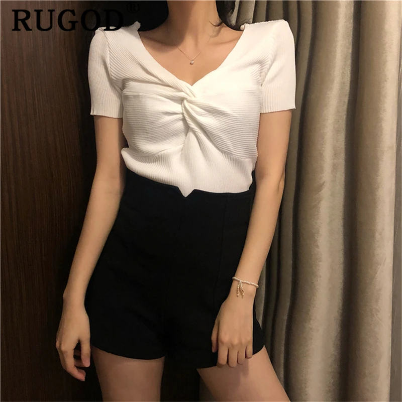 Женская трикотажная блузка RUGOD Корейская однотонная с коротким рукавом и v