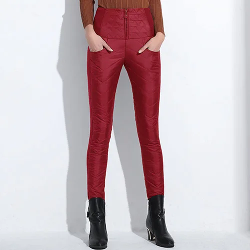 Red Вниз Брюки Теплые Женские Элегантные Брюки Упругие Талии Feminino Зима Сгущает Карандаш Брюки Высокая Талия Офис Брюки Для Женщин - Цвет: Red