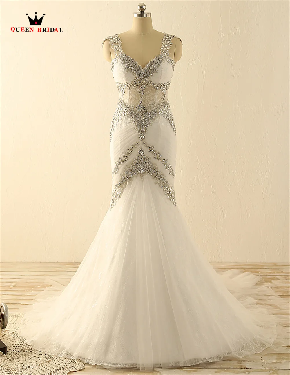 

Custom Made Mermaid V-neck Backless Crystal Beading Sexy Long Women Wedding Dresses Bridal Gowns vestidos de noiva Romantic PO11