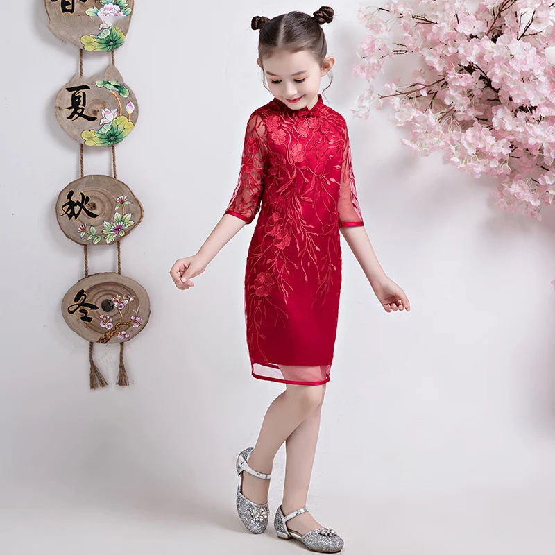 Qipao платье Ципао детские красные летние династии Тан традиционные китайские