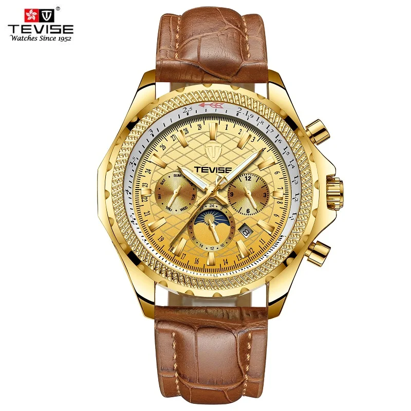 [Дропшиппинг] TEVISE Мужские автоматические часы T841B мужские часы Moon Phase Week из нержавеющей стали кожаные мужские часы Relogio Masculino