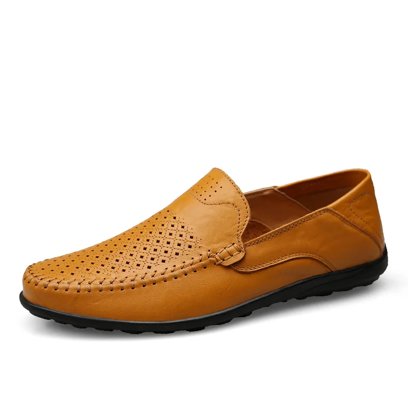 Summer Yellow brown Итальянская мужская обувь; повседневные Роскошные брендовые летние мужские лоферы; мокасины из натуральной кожи; удобные дышащие водонепроницаемые Мокасины без застежки - Цвет: Summer Yellow brown