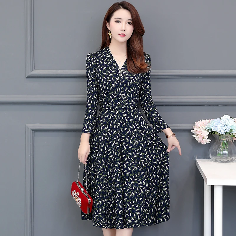 Женское винтажное платье миди с цветочным принтом V-образным вырезом и длинным