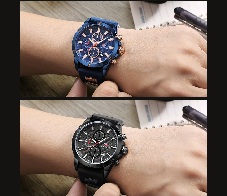 MINIFOCUS стильные спортивные мужские часы Seiko, наручные часы с хронографом для мужчин, Популярные черные и синие мужские часы с силиконовой цепочкой