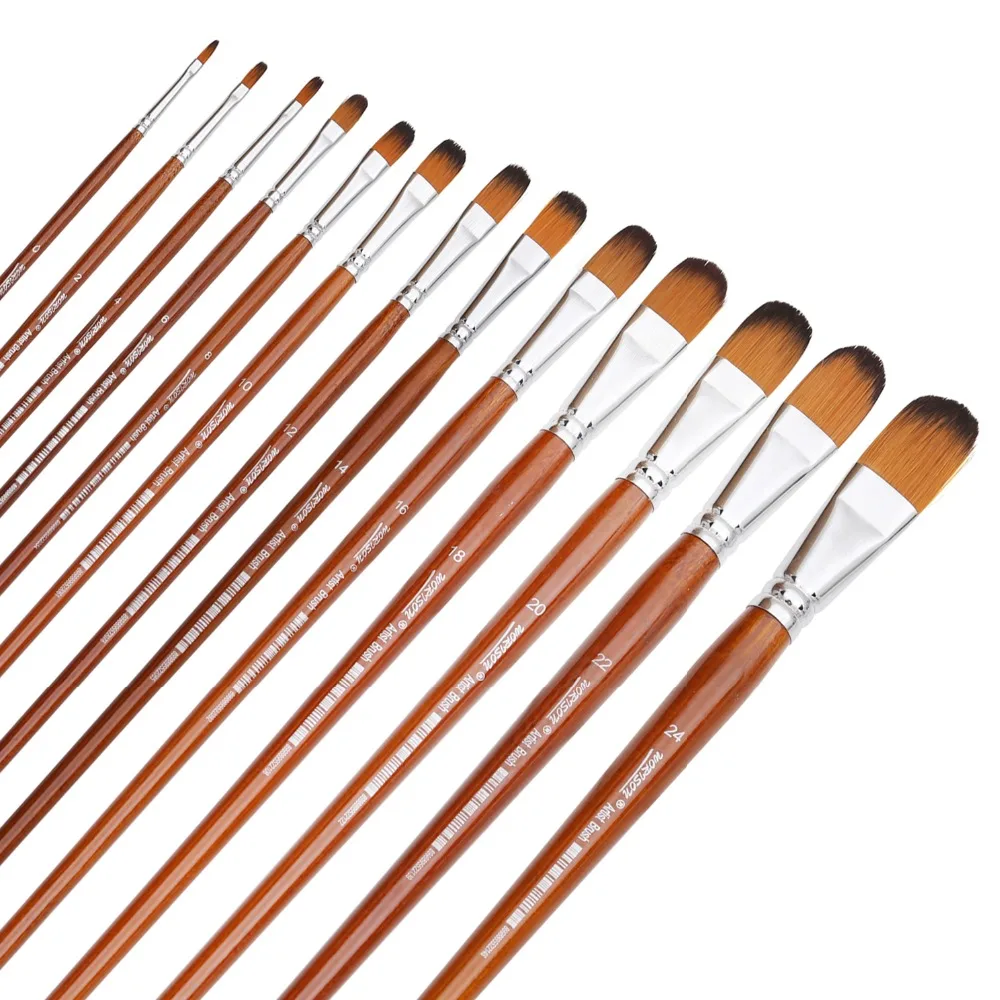 Dainayw 13pcs Filbert Brushes Professional Long Handle Paint Brushes Watercolor Painting Brush For Oil Acrylic Nylon Hair