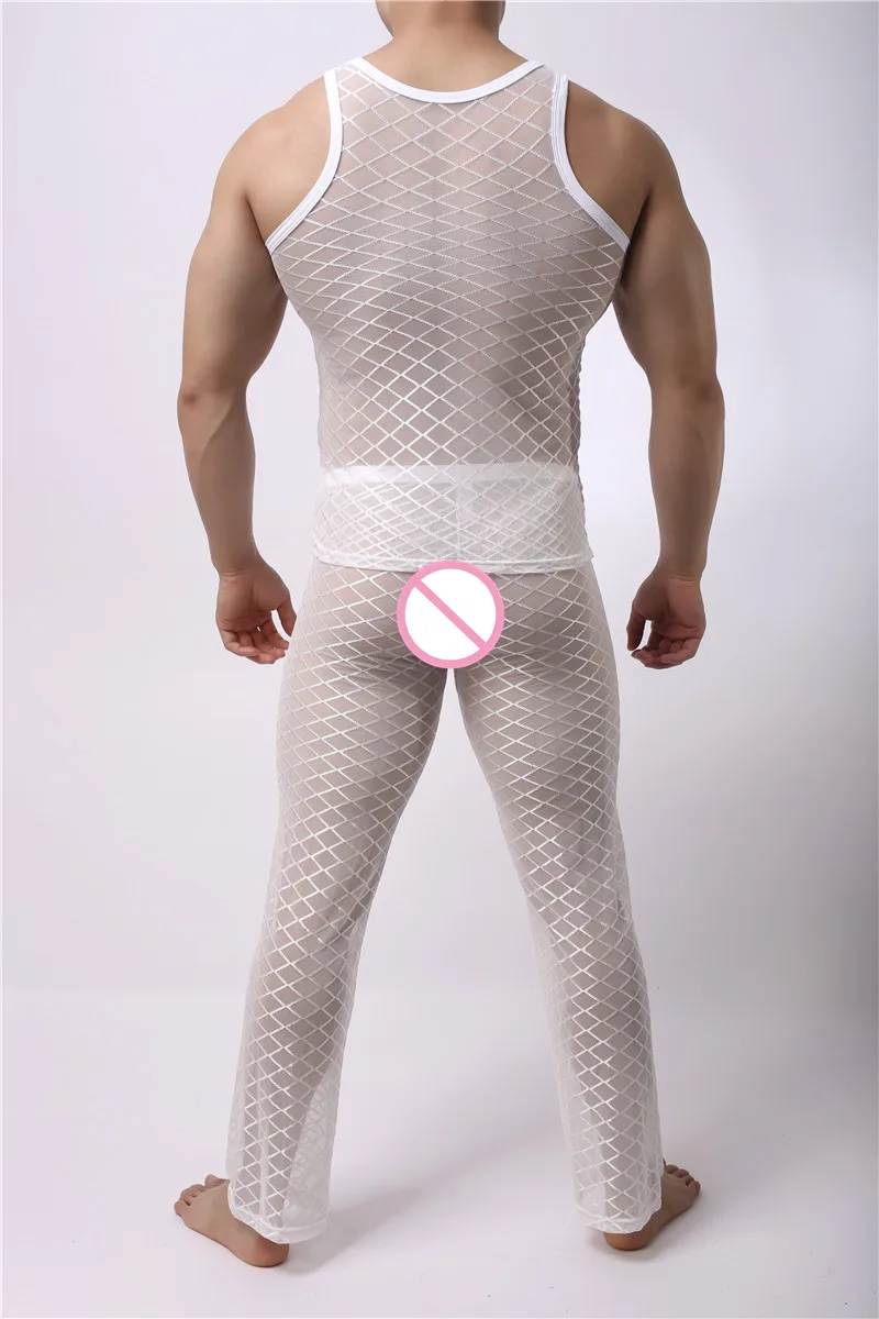 Men Fishnet Long Johns Scale High Elastic Body Shaper Tight Top Pants Fitness Bodybuilding Base layers Clothing set Long Johns