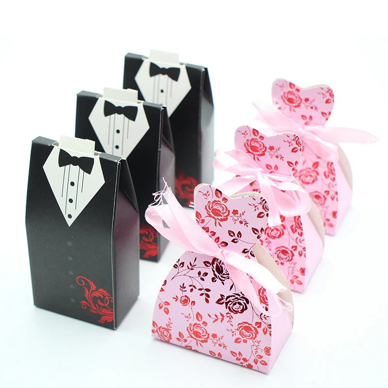 

100pcs/lots Pink Bride And Groom Wedding Candy Box Gift Favour Boxes Wedding Bonbonniere Event Party Supplies With Ribbon