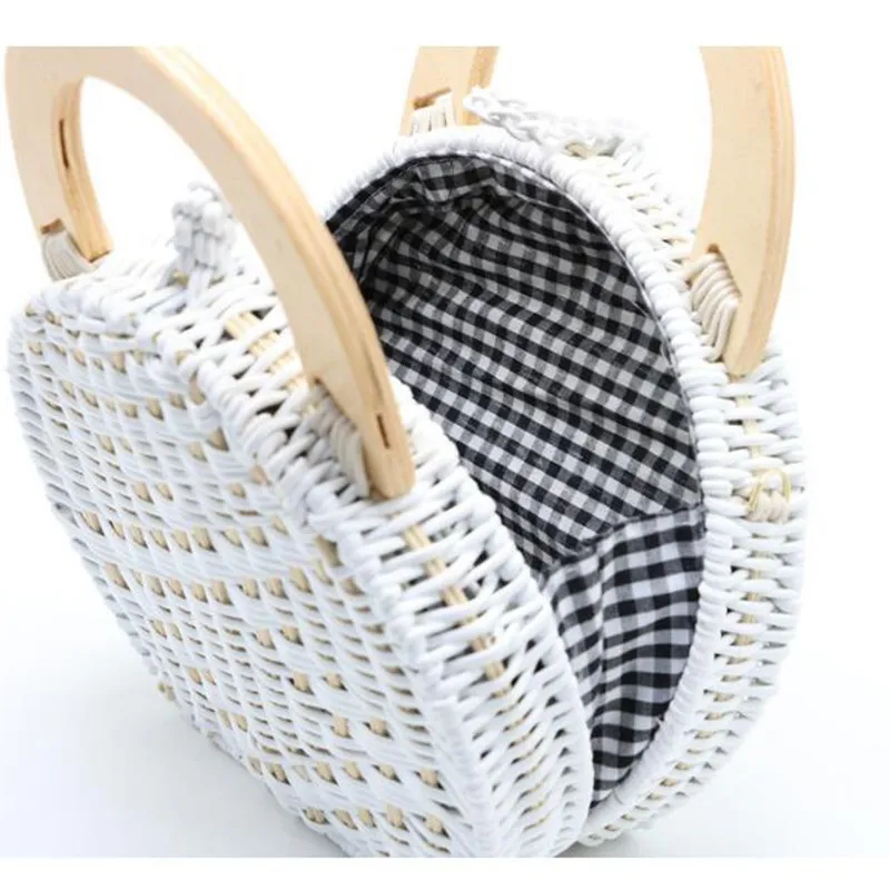 

2019 Camel white New Straw Bag Shoulder Messenger bag Woman fashion Wooden Handle Rattan Knit Bag K1