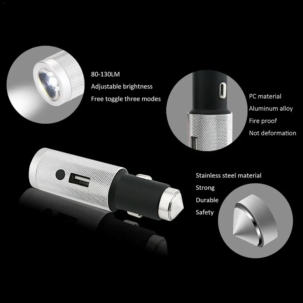 USB Автомобильное зарядное устройство со светодиодным фонариком аварийный