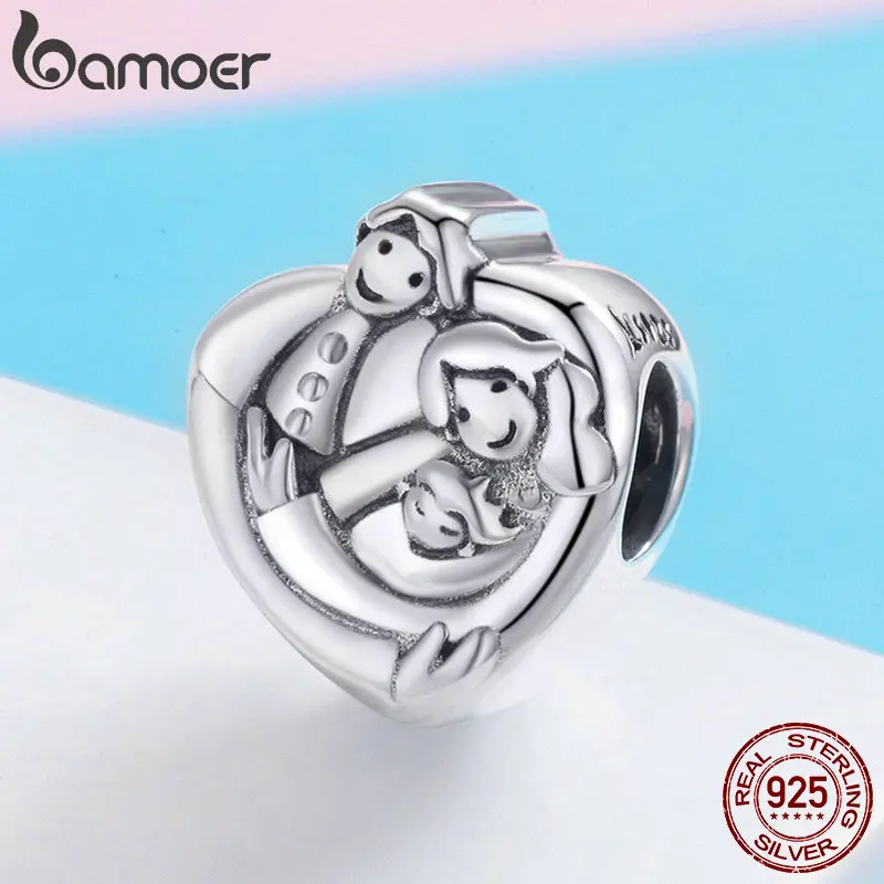 BAMOER, натуральная 925 пробы, серебро, милая семья, навсегда, сердце, форма, шарм, бусины, подходят для женщин, браслеты, сделай сам, ювелирное изделие SCC688