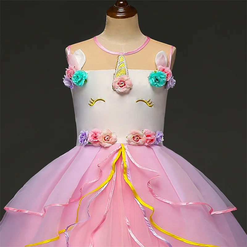 6 Layers Birthday Party Girls Unicorn Dress Floor Length Backless Ceremonial Dresses Kids Floral Sleeveless Long Evening | Детская