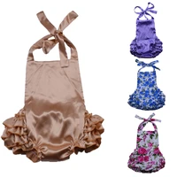 soft material satin baby girl summer clothing rompers ruffles floral infant halter lace up clothing jumpsuit toddler backless